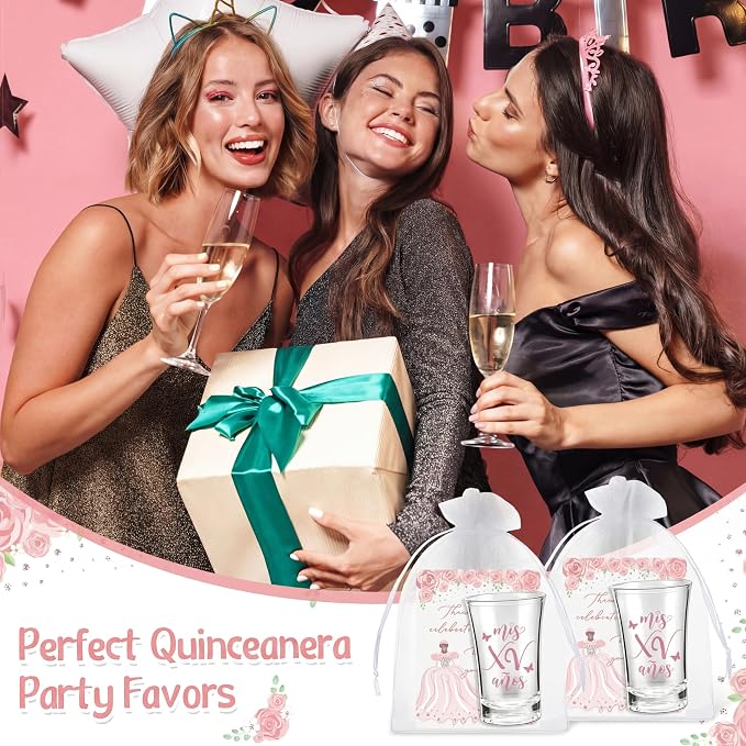 Havawish 25 Sets Quinceanera Party Favors for Guests Quinceanera Acrylic Clear Personalized Shot Glasses Thank You Cards with Organza Bags Mis Xv Años Sweet 15 Birthday Party Favors (Pink)