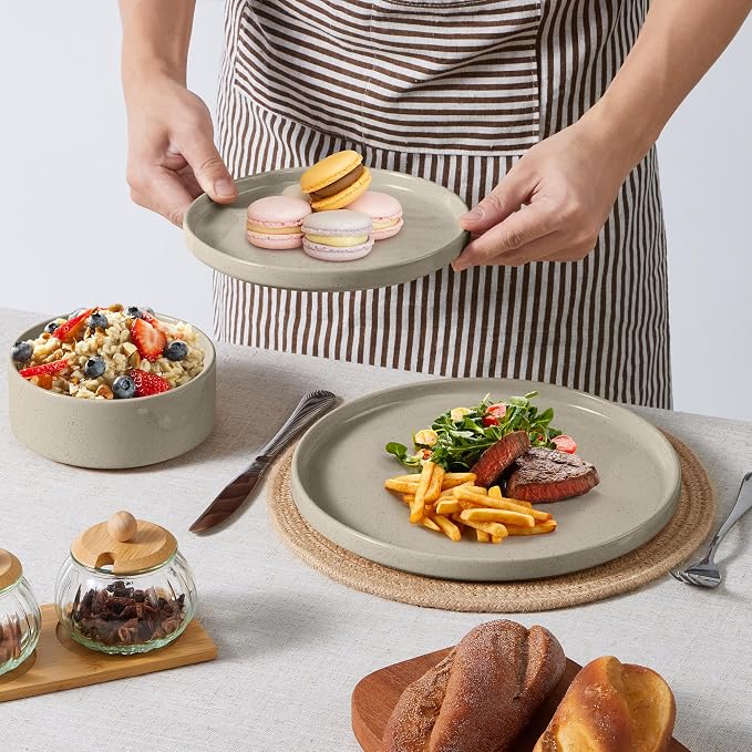 E-far Dinnerware Sets for 8, 24-Piece Stoneware Plates and Bowls Dish Set, Modern Kitchen Dinning Dishware, Chip and Scratch Resistant, Microwave & Dishwasher Safe, Speckled Khaki