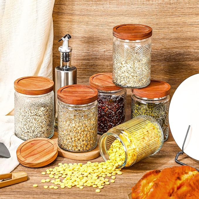 Sumind 6 Pcs Vintage Glass Jars with Wooden Lids 24 oz Airtight Glass Food Storage Containers Sets Clear Rustic Canisters Decorative Storage Jars for Spice Coffee Tea Candy Cereal Flour(Retro)