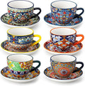 vancasso 8 oz Cappuccino Cups with Saucers Set of 6, Bohemian Ceramic Coffee Cup for Latte, Tea, Espresso, Microwave & Dishwasher Safe - Porcelain Tea Cups and Saucers for Kitchen or Cafe