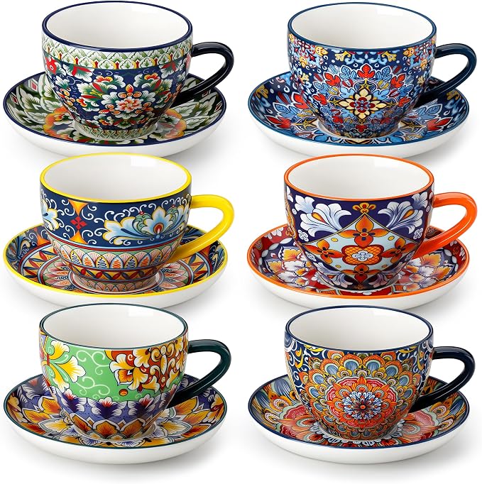 vancasso 8 oz Cappuccino Cups with Saucers Set of 6, Bohemian Ceramic Coffee Cup for Latte, Tea, Espresso, Microwave & Dishwasher Safe - Porcelain Tea Cups and Saucers for Kitchen or Cafe