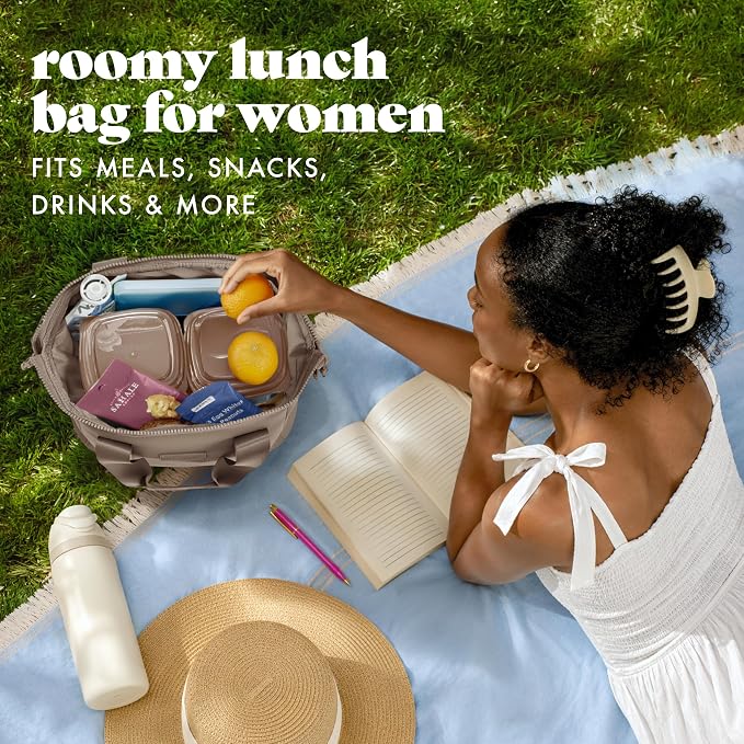 Fit & Fresh Remi Lunch Bag for Women Work – Neoprene Lunch Tote with Containers & Ice Pack, Reusable Meal Prep Lunch Box, Large Capacity, Machine Washable, Taupe