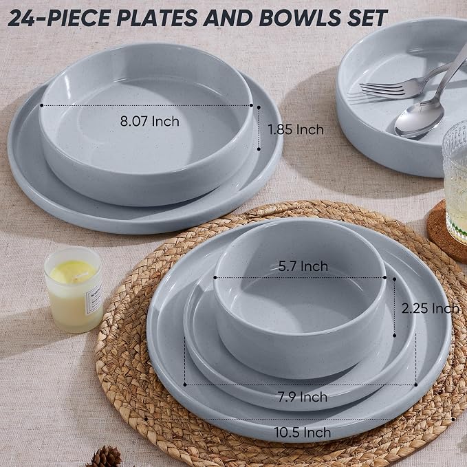 E-far Dinnerware Sets with Pasta Bowls, 24-Piece Stoneware Plates and Bowls Sets for 6 | Microwave & Dishwasher Safe Kitchen Modern Dish Set, Speckled Gray
