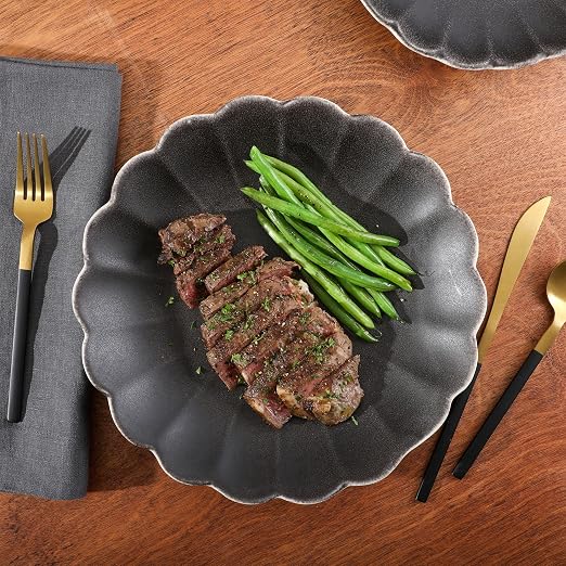 Gibson Elite Malibu Shore 16 Piece Scallop Stoneware Reactive Glaze (Service for 4) Ceramic Plates and Bowls Dinnerware Set - Black