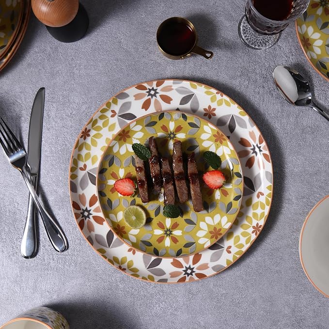 Lorren Home Trends Floral Dinnerware Set, 12 Piece, Bone China, Yellow and Gray Pattern, Microwave and Dishwasher Safe