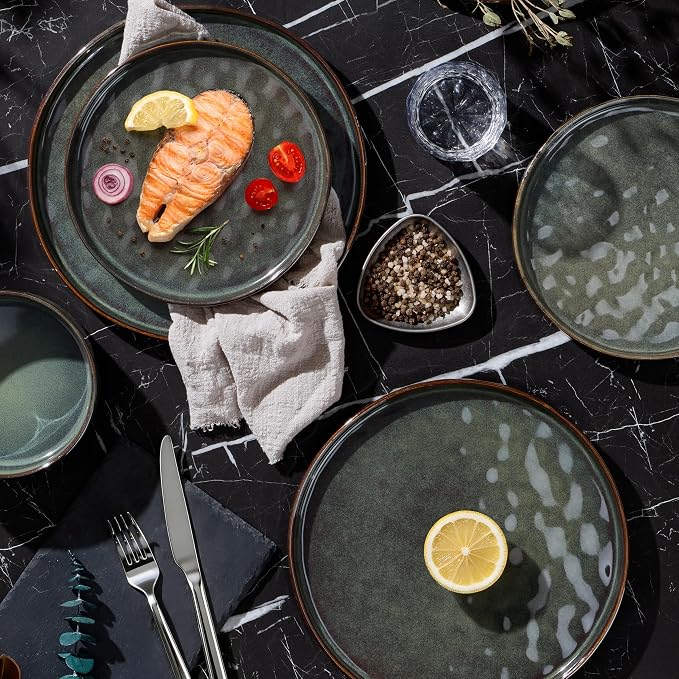 LIANYU 18 Piece Dinnerware Sets for 6, Stoneware Plates and Bowls Dish Set, Ceramic Dinner Ware Dishware for Kitchen Dining, Microwave & Dishwasher Safe,Moss Green