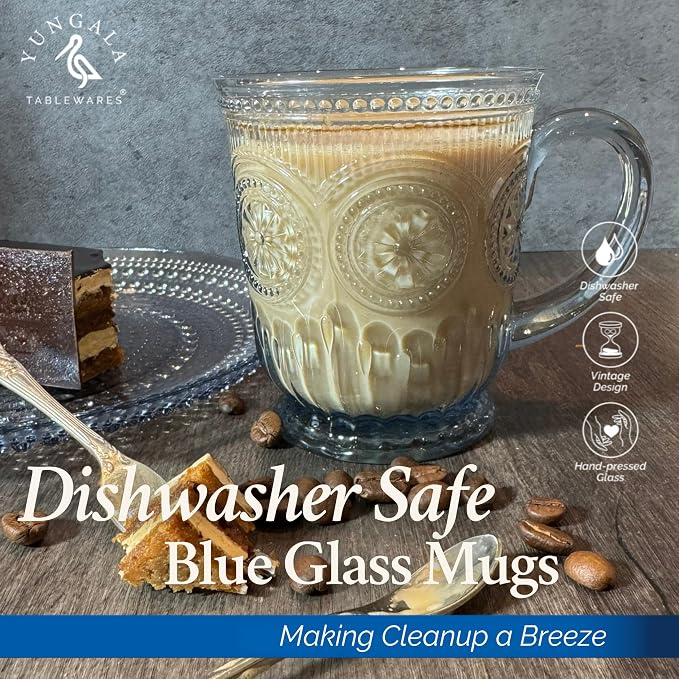 Blue Glass Mugs Set of 4, 10oz Coffee Cups or Vintage Tea Cups, Aesthetic Blue Mug Set, Unique Tea Cup Glass with Sunflower Design, Dishwasher Safe, Lead-Free