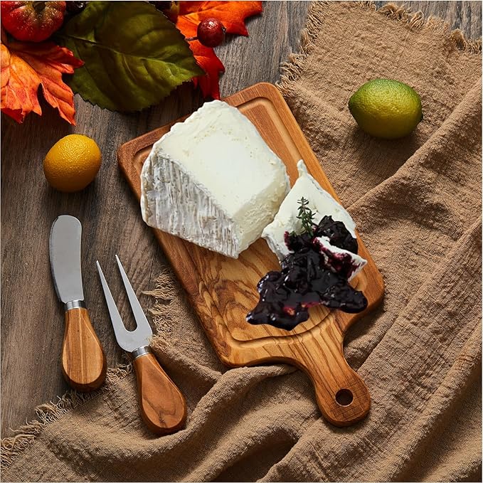 Ziliny 1 Set Bridal Baby Shower Cheese Prizes Wooden Square Board Gift Set Knives Forks Thank You Tags with Box for Guests for Valentines Bridal Baby Shower Housewarming (Olive Wood)