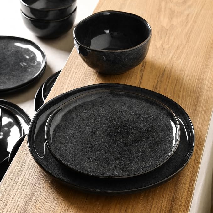 Stone Lain Mirella 24-Piece Stoneware Round Kitchen Dinnerware Set with Plates and Bowls, Service for 8, Charcoal