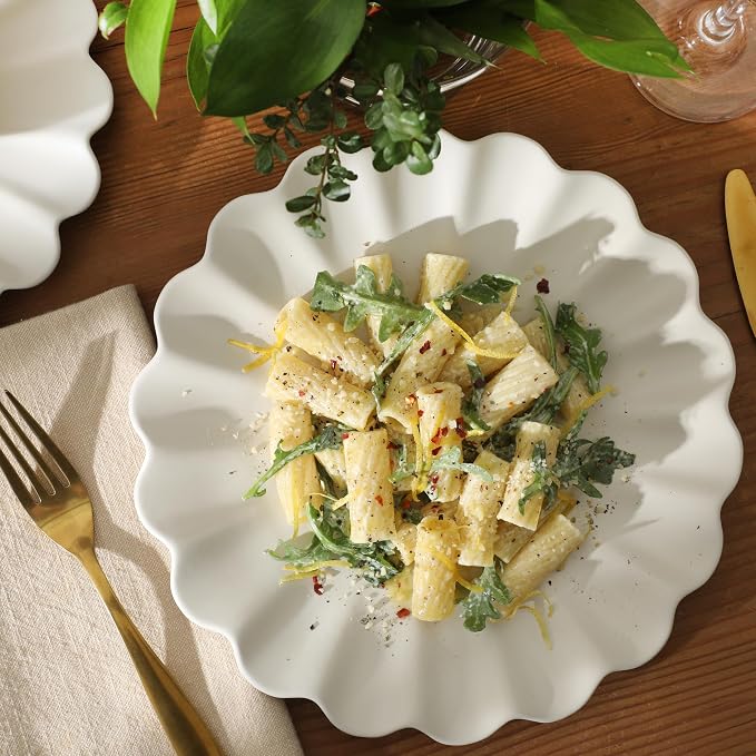Gibson Elite Bistro Fleur Plates and Bowls Sets, 12-Piece Stoneware Dinnerware Set for 4, Ivory White Scalloped Dish Set with Dinner Plates, Salad Plates & Bowls
