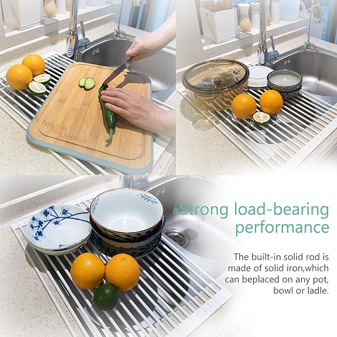 Bigdata&BetterLife Multi Purpose Roll Up Dish Drying Rack White Dish Drying Mat with Rack for Kitchen,Heavy Duty Foldable Silicone-Coated Stainless Steel Sink Dry Rack (White,20.5" x 13.1")