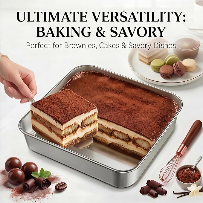 8x8 Stainless Steel Baking Pan with Lid, Square Brownie Cake Pan Set of 3 for Baking, Casserole and Meal Prep, 2 Inch Deep Metal Oven Pan, Dishwasher Safe