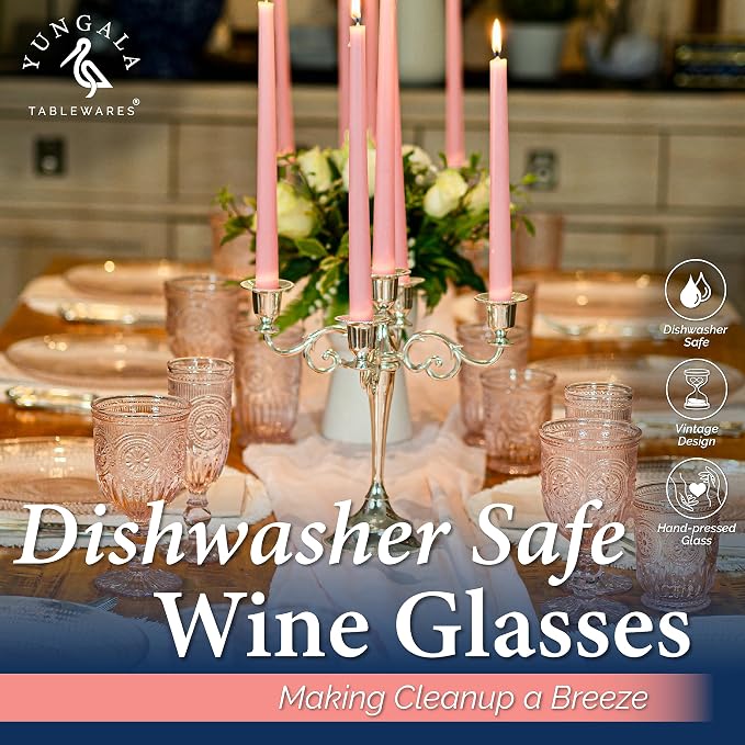 Pink Wine Glasses Set of 6 Vintage Hobnail Goblets 10 oz Transparent Glassware with Stems Dishwasher Safe
