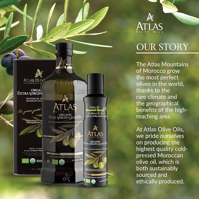 Olive Oil Spray by Atlas, Dual Function Olive Oil Cooking Spray and Stream, 5.4 fl oz, 6 Pack, Extra Virgin, Non Stick, Cold Pressed, Polyphenol Rich, Organic Moroccan EVOO, Hydroxytyrosol, Keto