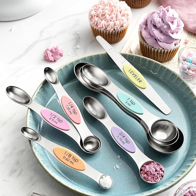 Spring Chef Dual Sided Magnetic Measuring Spoons Set, Pastel, Set of 8 & Stainless Steel Magnetic Measuring Cups, Set of 7, Black - 2 Product Bundle