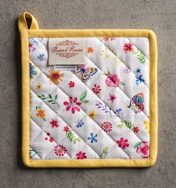 Maison d' Hermine Pot Holders 100% Cotton Heat Resistant Potholders 8" x 8" Hot Pads with Loop Baking Gifts for Mothers Day Handling Hot Pans Spring/Summer (Pack of 2, Happy Florals - Sweety)