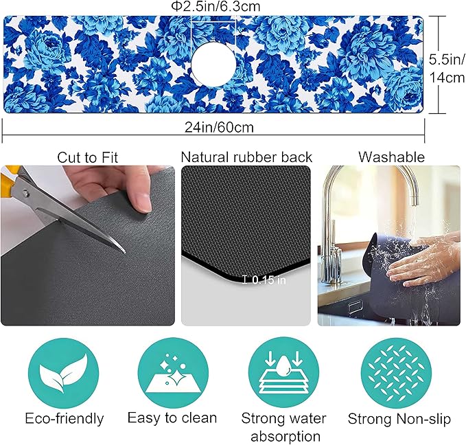 Kitchen Sink Splash Guard Faucet Mat Super Absorbent Fast Drying Mat Sink Gadgets Splash Guard Behind Faucet Drip Catcher for Kitchen (Blue Flowers, 23.5x5.5in)