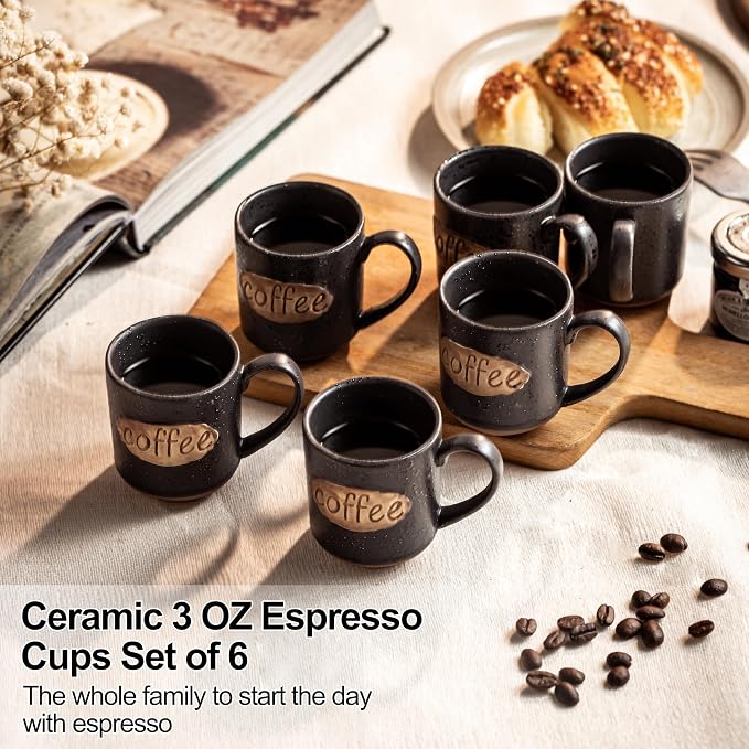 LYEOBOH Coffee Cups, Espresso Cups, Tea Cup, Coffee Mugs Set of 6, 3 oz Ceramic Espresso Cups, Cute Mini Demitasse Cups with Handle for Bar & Home Microwave & Dishwasher Safe, Black