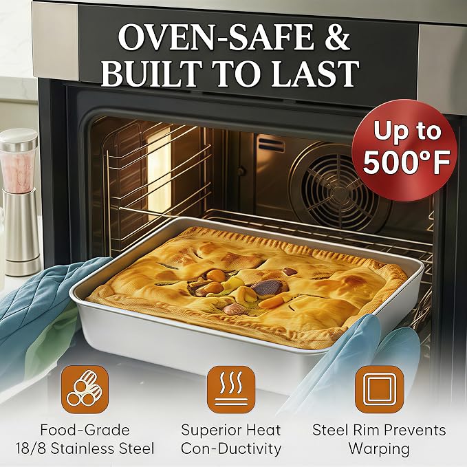 8x8 Stainless Steel Baking Pan with Lid, Square Brownie Cake Pan Set of 3 for Baking, Casserole and Meal Prep, 2 Inch Deep Metal Oven Pan, Dishwasher Safe