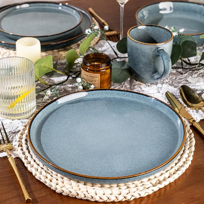 GBHOME Ceramic Dinnerware Sets for 4, 12 Pieces Stoneware Plates and Bowls Sets, Reactive Glaze Dishes -Scratch Resistant, Dishwasher&Microwave Safe, Space Blue