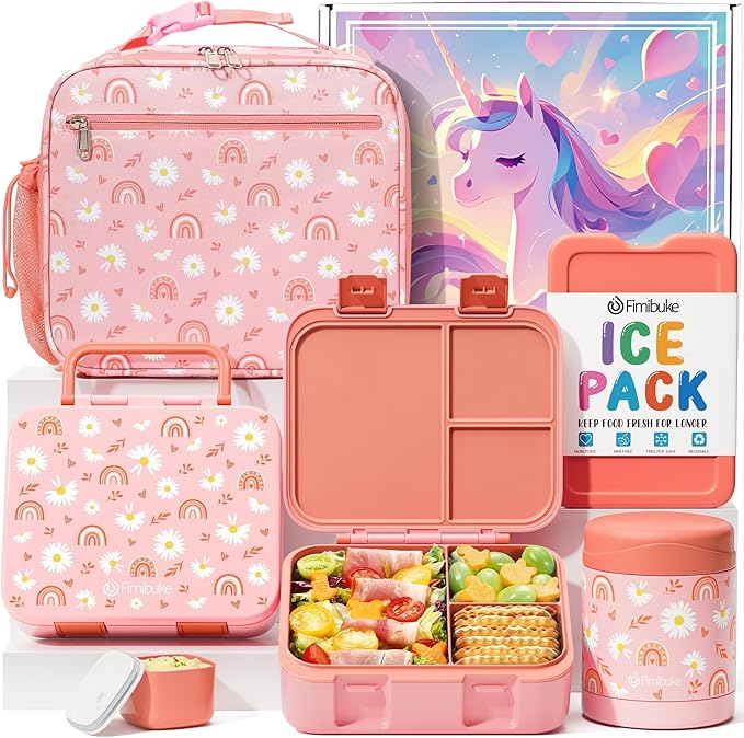 Fimibuke Bento Lunch Box for Kids with Food Ja, 3-Compartment 32OZ Snack Lunch Container, Lunch Bag, 12OZ Insulated Food Jar & Ice Pack Set for Age 3-12 School Daycare Toddler Teen Girls Boy, Rainbow