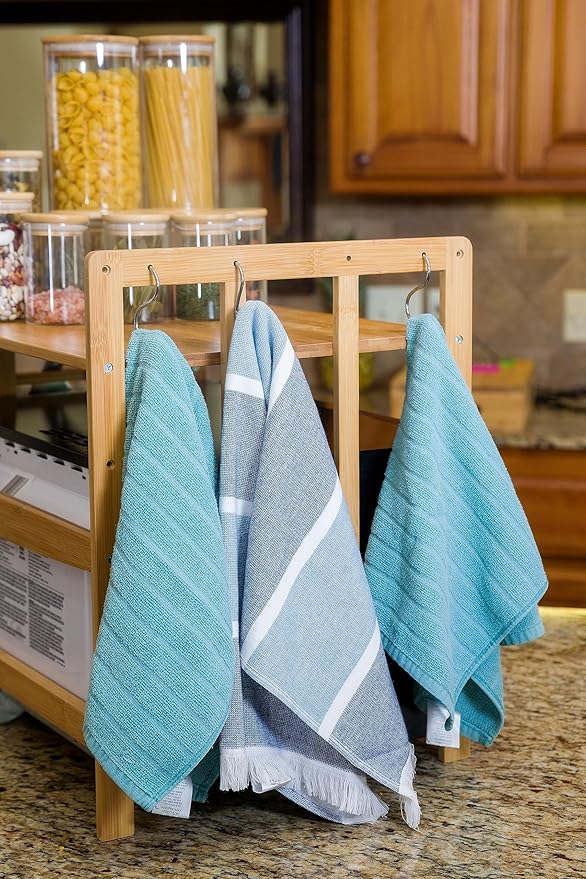 BAMBOO LAND Bamboo Microwave Oven Rack with Hooks and Built-In Knife Holder, Countertop Microwave Shelf