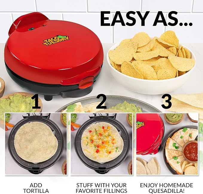 Nostalgia Taco Tuesday Deluxe 8-Inch 6-Wedge Electric Quesadilla Maker with Extra Stuffing Latch, Red