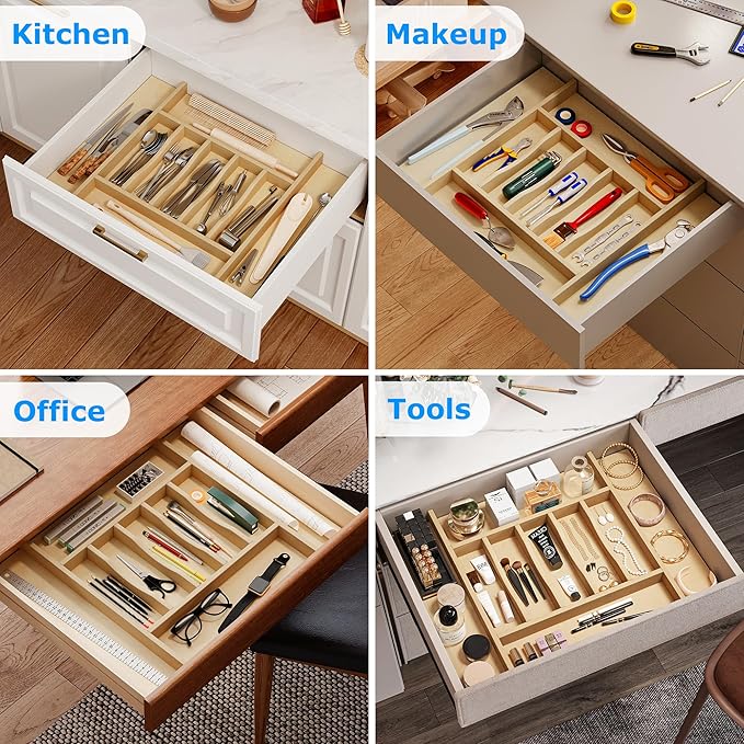 WelFurGeer Premium Wooden Silverware Organizer for Kitchen Drawers, Utensil Tray for Kitchen Drawer, Cutlery Drawer Organizer for Forks, Spoons, Knives - Sturdy Birchwood, Natural Finish