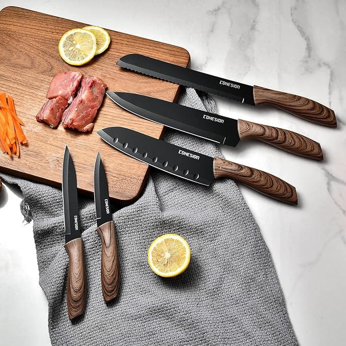 Cohesion 5 PCS Kitchen Knife Set with Magnetic Knife Holder for Wall, Ultra Sharp Chef Boxed Knife Set With Sheathes for Multipurpose Cooking with Ergonomic Handle