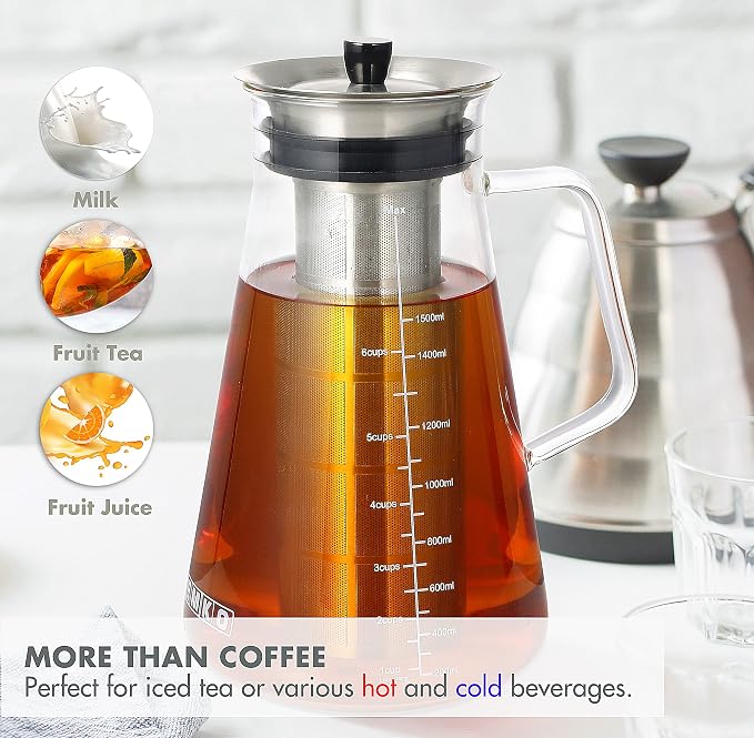 Aquach 51oz Cold Brew Maker, Borosilicate Glass Iced Coffee Tea Pitcher | Dishwasher Safe, Up to 2 Weeks Freshness, Tapered Stability, Refrigerator Fit, 304 Stainless Filter