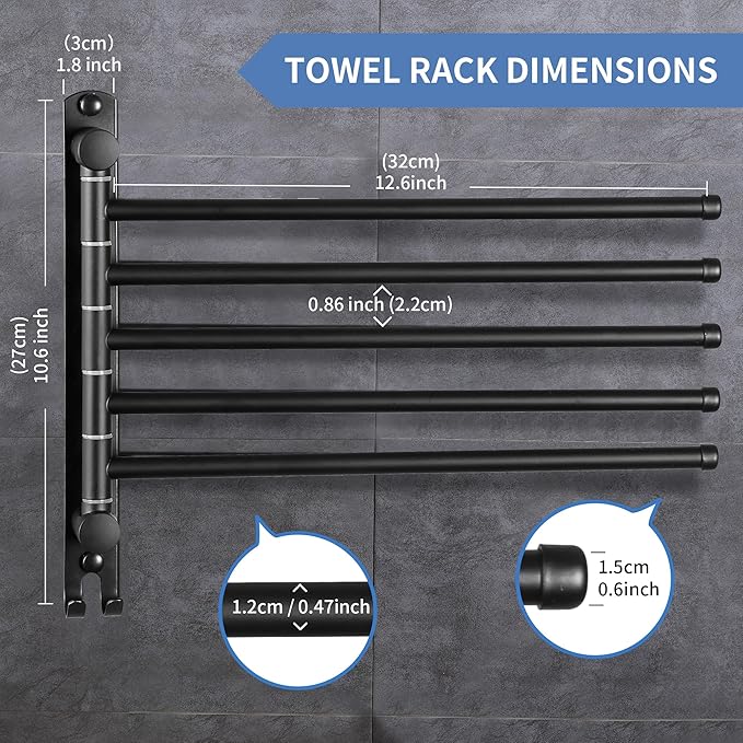 Swivel Towel Rack, 12.6 Inch Towel Bar with Wall Mounted 180° Rotation, 5 Arms Towel Hanger SUS 304 Stainless Steel, Space Saving for Kitchen, Bathroom, Outdoor, Matte Black