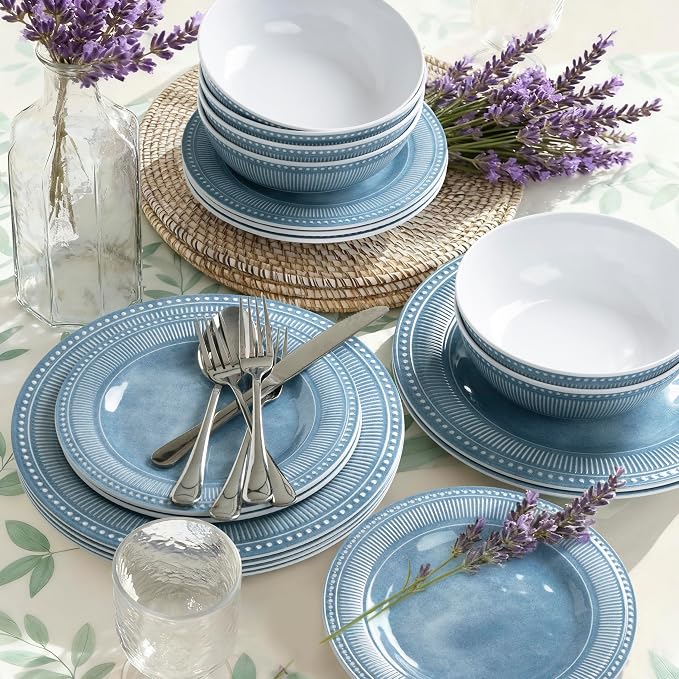 AELS Melamine Dinnerware Set of 18 Pcs, Dinner Dishes Set for Indoor and Outdoor Use, Melamine Plates and Bowls Set for 6, Dishwasher Safe, Lightweight Unbreakable, BPA Free, Blue