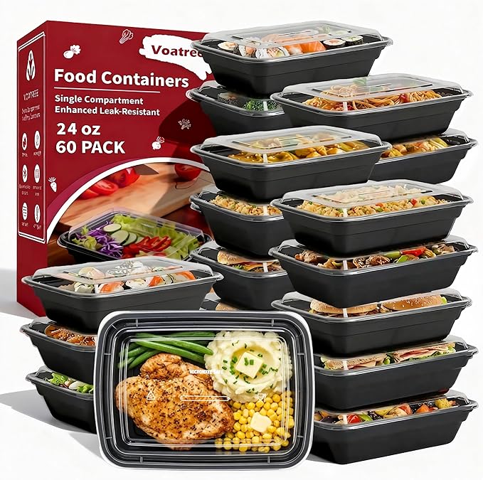 60 Pack Meal Prep Containers with Lids,24 oz,Reusable,To Go | Take Out,Food Storage,Disposable Plastic Lunch Boxes,Sturdy,Freezer,Microwave,Dishwasher Safe,Stackable,Leak-proof