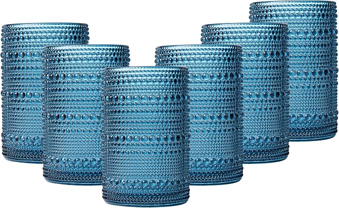 JOVGANK Blue Vintage Hobnail Drinking Glasses Set of 6, Water Tumbler 15oz, Kitchen & Bar Beaded Highball Glasses, Beverage Glass Cups for Water, Beer, Juice, Gift for Housewarming and Mother's Day