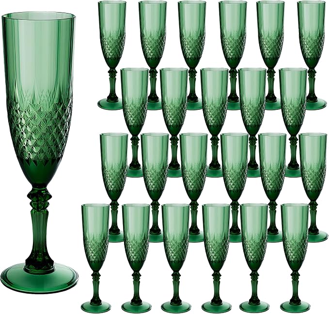 Plastic Champagne Flutes, Champagne Glasses Bulk, Reusable Unbreakable Acrylic Wine Glasses Goblets for Weddings Bachelor Parties Toasting Bridal Shower (24, Dark Green)