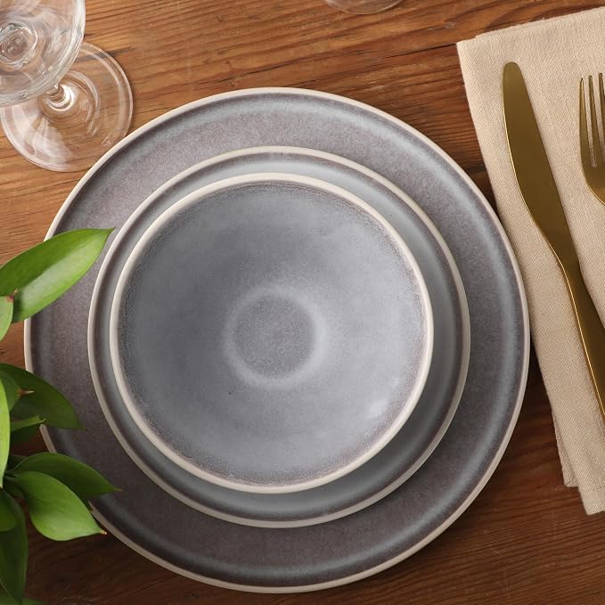Gibson Elite Coastal Forest Plates and Bowls Sets, 12-Piece Stoneware Dinnerware Sets, Triple Reactive Glaze Dish Set - Light Grey and Cream White
