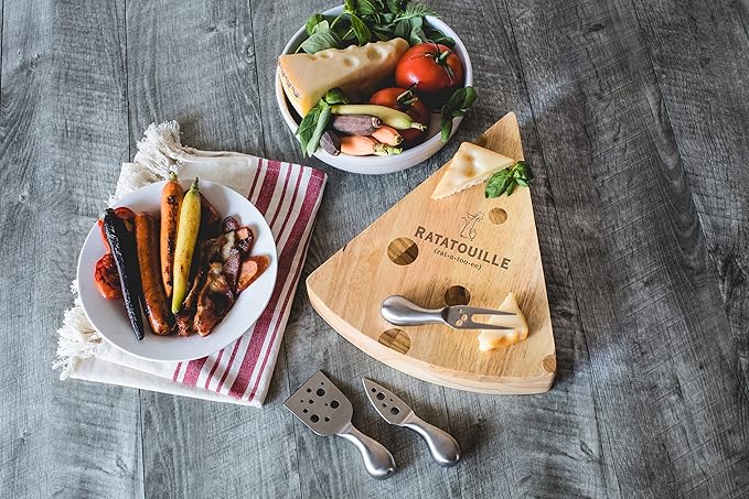 PICNIC TIME Disney Ratatouille Swiss Cheese Board and Knife Set, Wedge Shaped Charcuterie Serving Board with Hidden Tools and Laser Engraved Artwork, (Natural Wood)