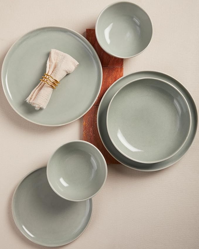 Pokini Plates and Bowls Sets, 16 Pieces Dinnerware Set for 4 with Pasta Bowls, Handmade Dishes Set, Chip Resistant Dishware Sets, Microwave Safe Dinner Set, Designed for Interactive Meals, Gray Green