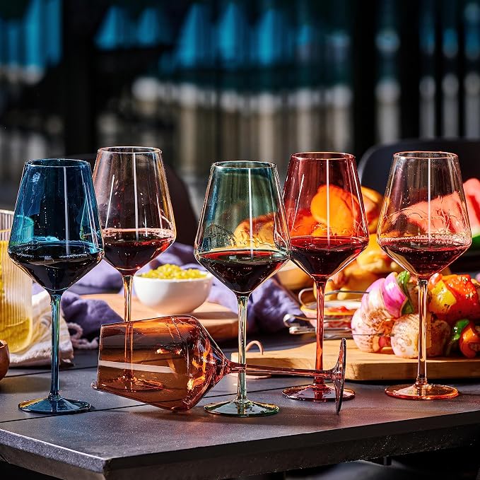 Colored Cordial Glasses Set of 6, 18oz Crystal Unique Fall Drinking Wine Glass Cups with Stem - Luxury Multi Color Glassware Gift Set for Wife & Mom - Colorful Hand Blown Drinkware for Red White Wine.