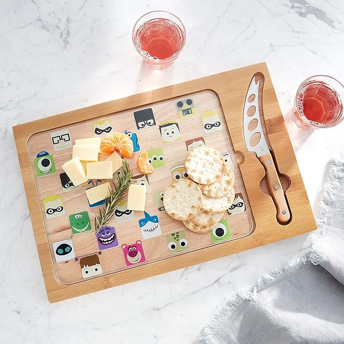 PICNIC TIME Disney Pixar Collection Icon Glass Top Cheese Board and Knife Set, Charcuterie Serving Tray, Removable Tempered Glass, Parawood and Bamboo Design, (Parawood & Bamboo)