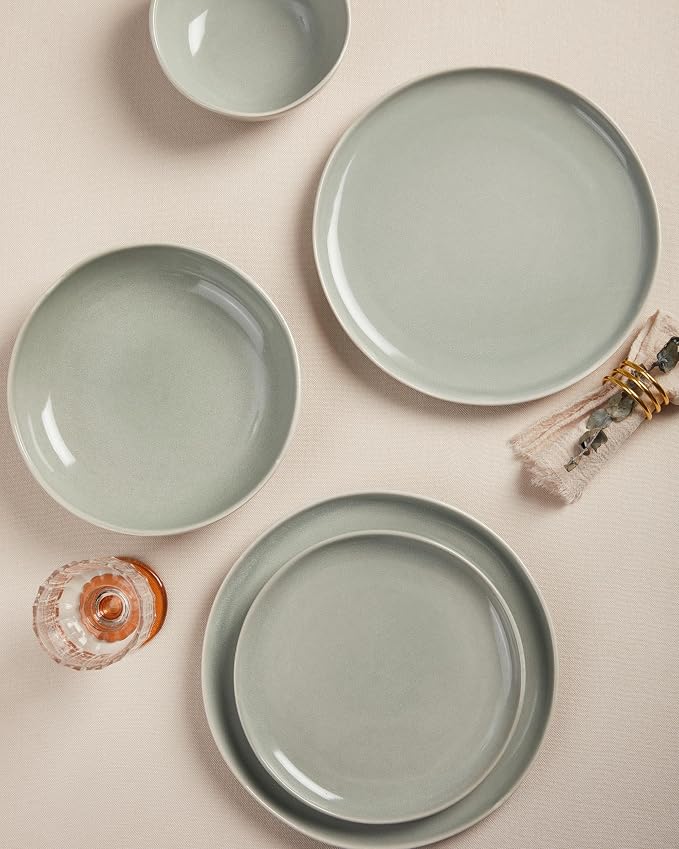 Pokini Dinnerware Sets for Family of 6, Ceramic Plates and Bowls Set, Kitchen Dish Set, Microwave & Dishwasher Safe Dishware, Highly Durable Reactive Glazed Dinner Set, Gray Green