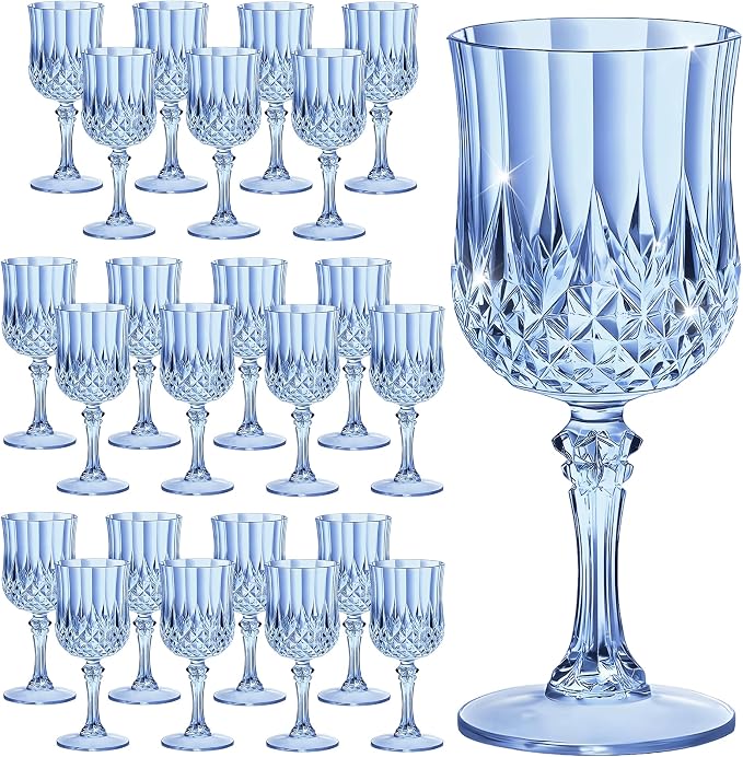 7OZ Plastic Wine Glasses, Reusable Vintage Goblets Unbreakable Drinking Glasses Crystal Water Cups Champagne for Wedding, Parties (24, Blue)