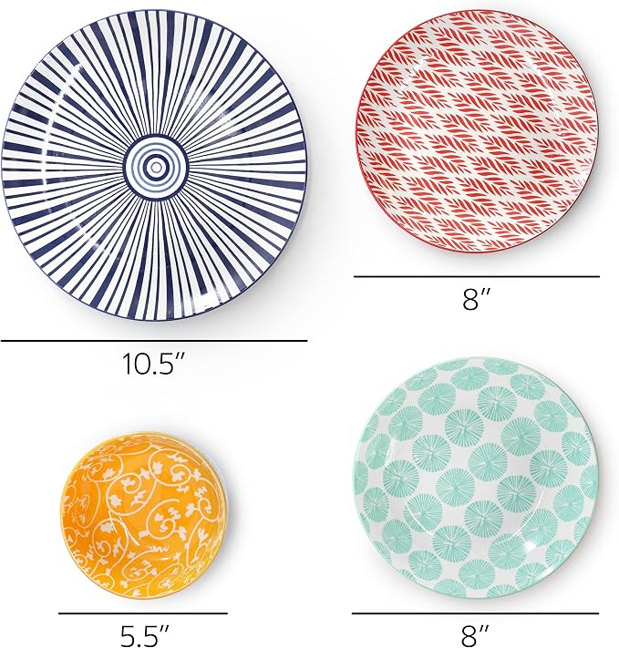 Elama Giovanna 16 Piece Assorted Design Porcelain Multi-Color Graphic Double Bowl Dinnerware Set, Tableware, Serveware, Dinnerware Set, Bowl Set (16 Piece)