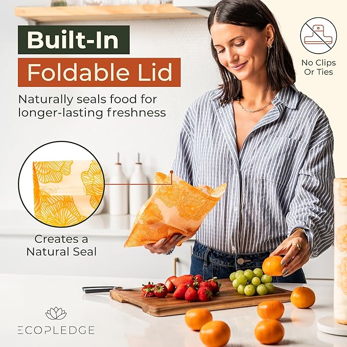 Reusable Beeswax Food Storage Bags – 8 Pack (2 Large, 2 Medium, 4 Small) | Natural Alternative to Plastic | Organic Cotton, Beeswax, Jojoba Oil
