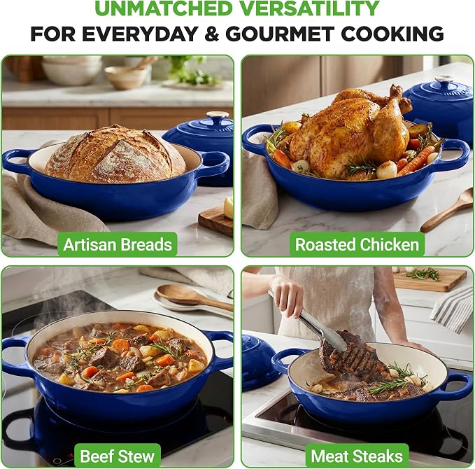 NutriChef 10.2" Enameled Cast Iron Bread Oven, Dome-Shaped Sourdough Baking Pan with Handles & Silicone Gloves, Oven-Safe to 500°F, Dishwasher Safe Dutch Oven Bread Pan (Blue)