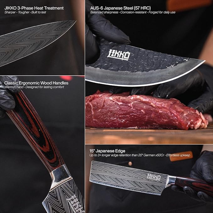 Jikko New Reinforced Carbon Steel Japanese Kitchen Knife Set – DiamondRazor Series – Ultra Sharp Japanese Knife Set & Chef Knife Set with Mahogany Wood Handles – Professional Chef's Knives