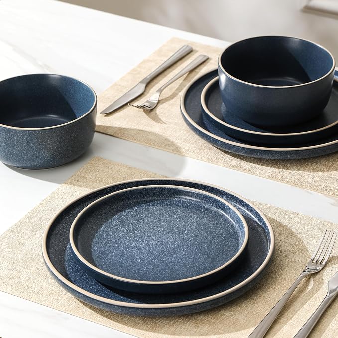 Earth & Clay Amber 24-Piece Dinnerware Set Stoneware, Dishwasher and Microwave Safe Plates and Bowls Set, Dish Set for 8, Blue