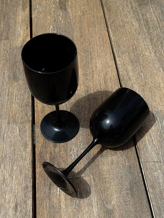 FOX & GRAPES Plastic Stemmed Wine Glasses | Unbreakable/Shatterproof, Reusable, Food Safe, Dishwasher Safe, For Birthday and Party, 16oz (Black, Set of 12)