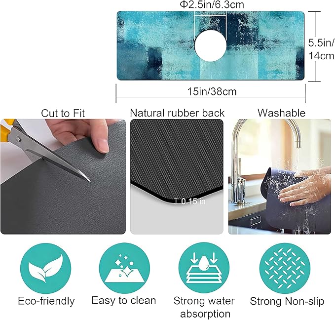 Kitchen Sink Splash Guard Faucet Mat Super Absorbent Fast Drying Mat Sink Gadgets Splash Guard Behind Faucet Drip Catcher for Kitchen (Blue, 15x5.5in)
