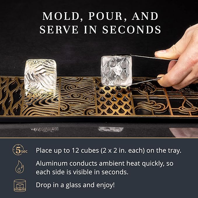 Clear Ice Cube Maker Design Tray - Craft Modern Ice Molds for Bourbon & Cocktails in 5 Seconds - Whiskey Mold Cube Stamp – Bartender Accessories - Copper Ice Press Cocktails by Ash Harbor (Elements)